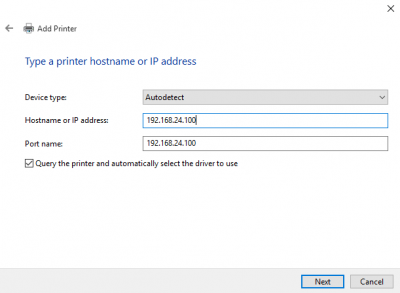 Add printer by IP address in Windows 10