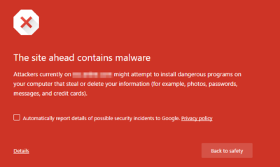 Malware warning, displayed by Chrome