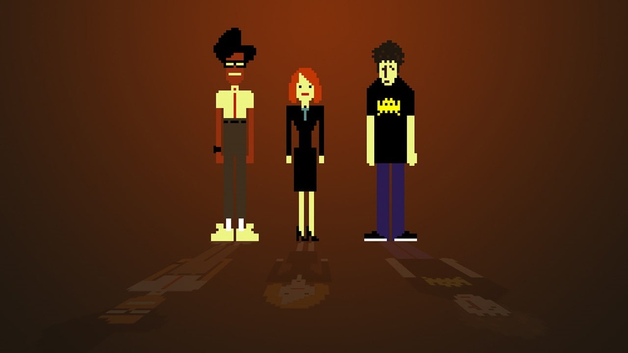 pixelated figures of Jen, Moss & Roy from the IT Crowd
